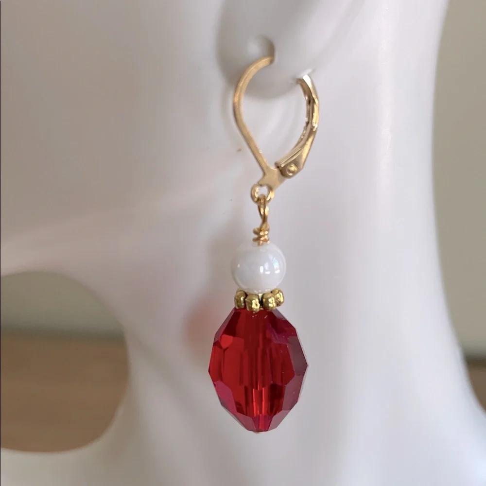 HAND CRAFTED DROP EARRINGS Faceted Red Gold White Faux Pearls Holiday Christmas
